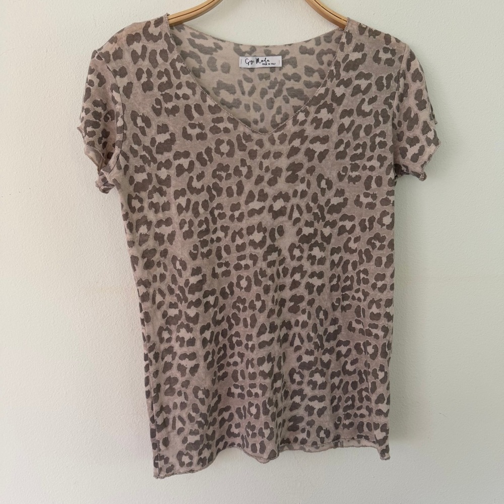 Gigi Moda Womens Viscose Tan Leopard Print Lurex Trim V-Neck Knit Top OS